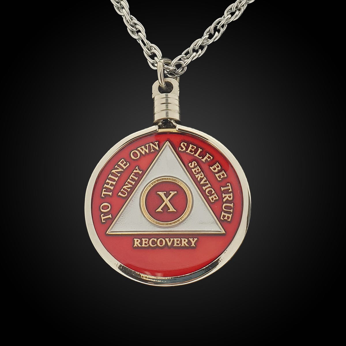 Silver Medallion Necklace Holder, featured with the Ruby red AA recovery medallion.