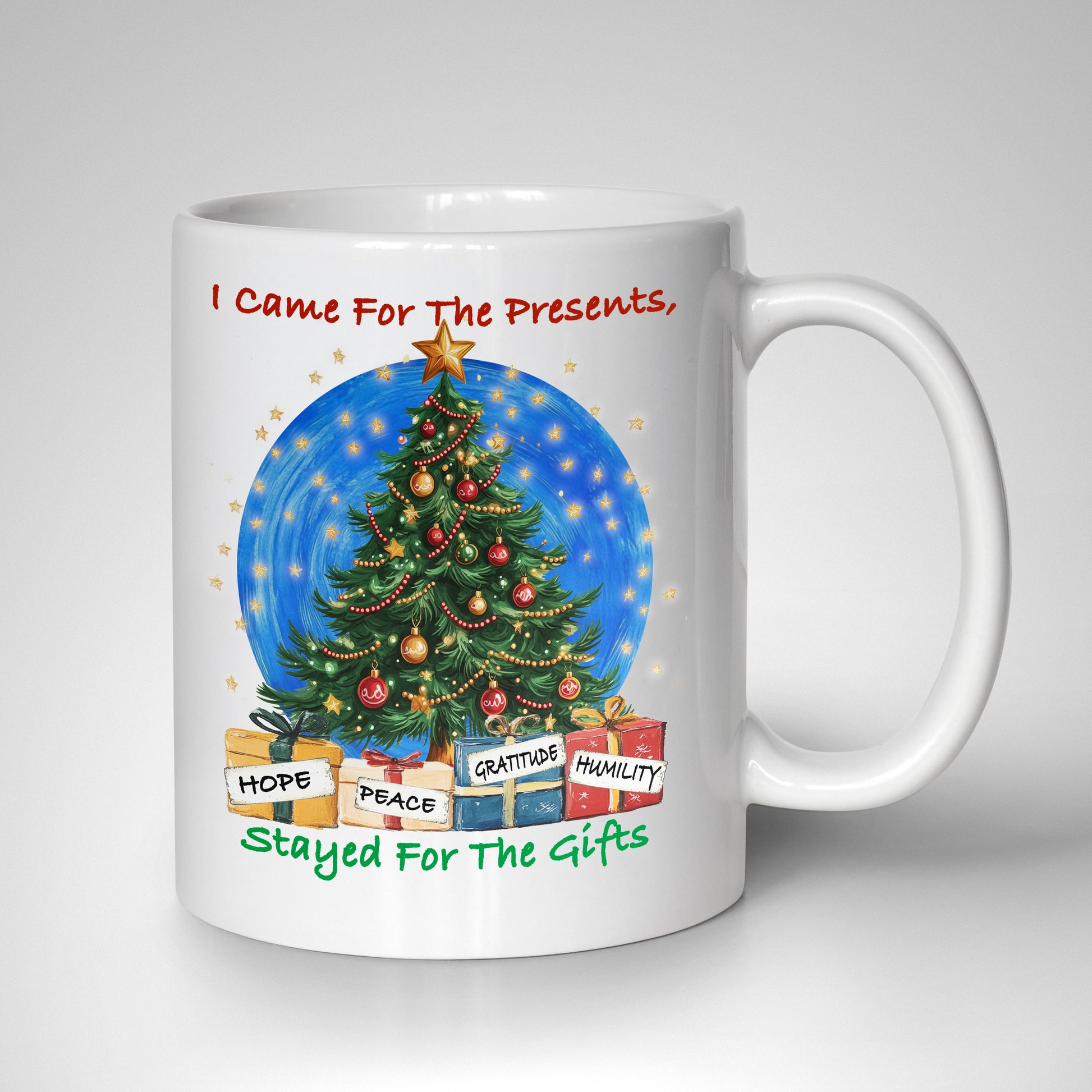 Magical Christmas tree with twinkling stars forming a subtle AA symbol, surrounded by presents labeled Hope, Peace, Gratitude, and Humility on a white 15oz mug.