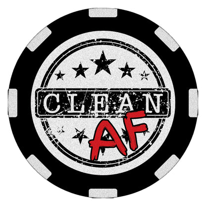 Edgy "Sober AF" recovery poker chip, 1.5 inches round, featuring "Sober AF" on the front and "Chill the Eff Out" on the back, designed to celebrate and showcase sobriety.