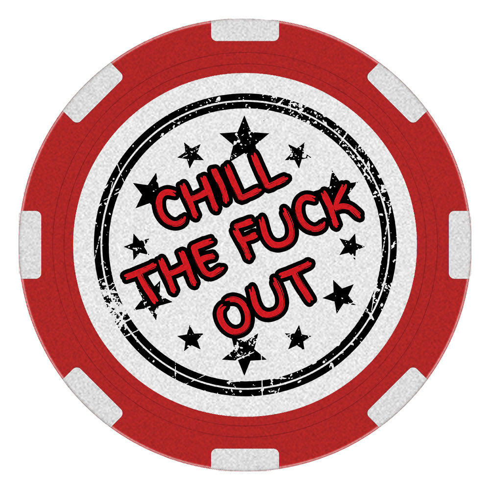 Edgy "Sober As Fuck" recovery poker chip, 1.5 inches round, featuring "Sober As Fuck" on the front and "Chill the Fuck Out" on the back, designed to celebrate and showcase sobriety unapologetically.