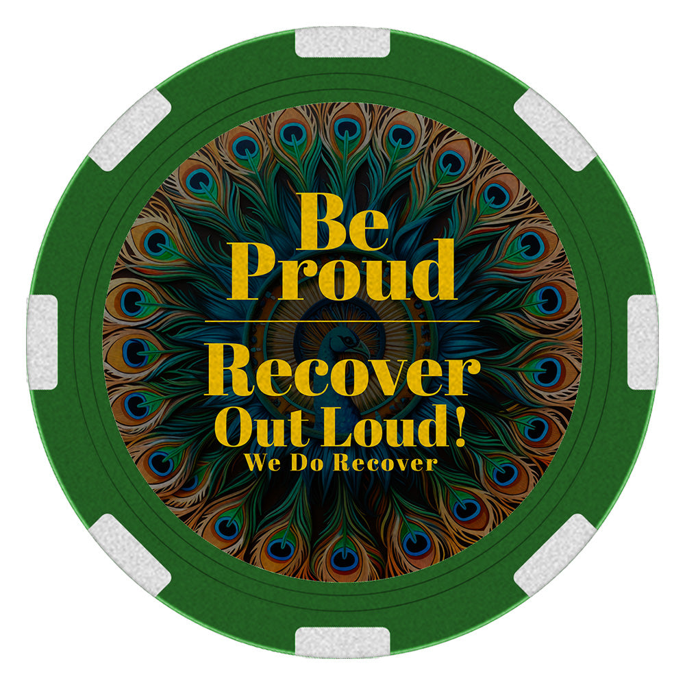 Vibrant peacock recovery poker chip medallion, 1.5 inches round, symbolizing spiritual awakening, pride in recovery, and sharing the light of sobriety with others.