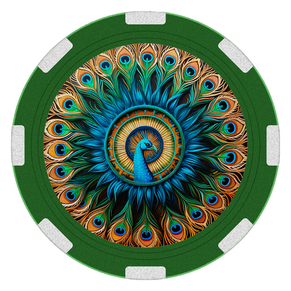 Vibrant peacock recovery poker chip medallion, 1.5 inches round, symbolizing spiritual awakening, pride in recovery, and sharing the light of sobriety with others.