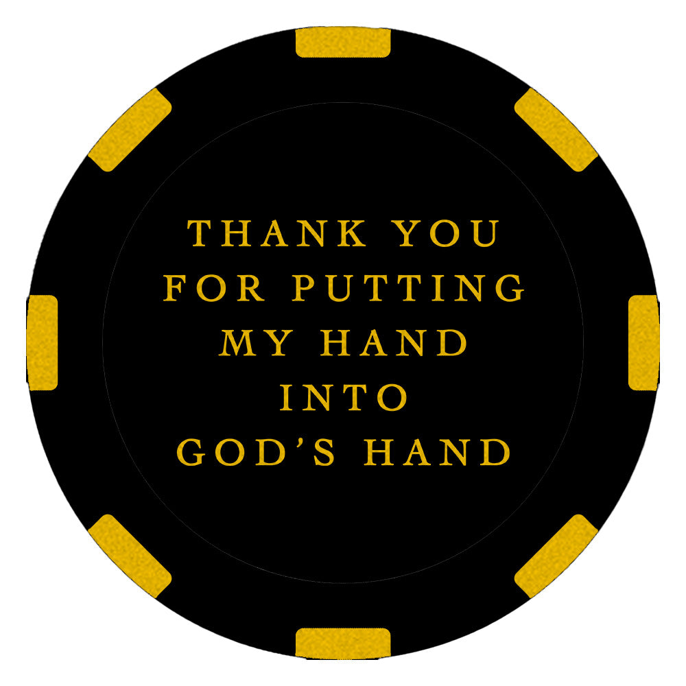 Black and gold recovery poker chip medallion, 1.5 inches round, symbolizing being pulled from rock bottom with a message of gratitude: "Thank you for putting my hand into God’s hand."