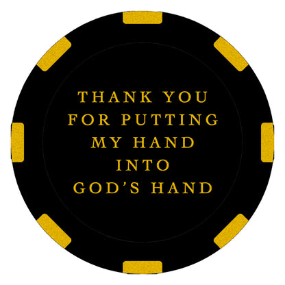 Black and gold recovery poker chip medallion, 1.5 inches round, symbolizing being pulled from rock bottom with a message of gratitude: "Thank you for putting my hand into God’s hand."