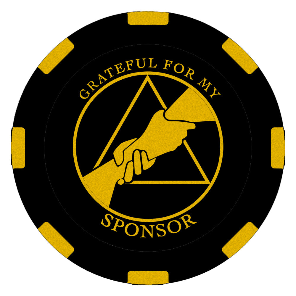 Black and gold recovery poker chip medallion, 1.5 inches round, symbolizing being pulled from rock bottom with a message of gratitude: "Thank you for putting my hand into God’s hand."