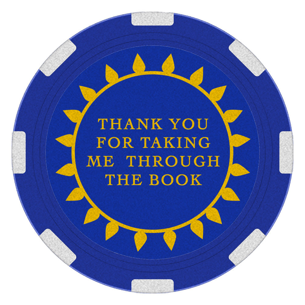 Blue and gold recovery poker chip medallion, 1.5 inches round, featuring a Big Book design, symbolizing gratitude for sponsors and the strength of working the 12 steps together.