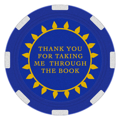 Blue and gold recovery poker chip medallion, 1.5 inches round, featuring a Big Book design, symbolizing gratitude for sponsors and the strength of working the 12 steps together.