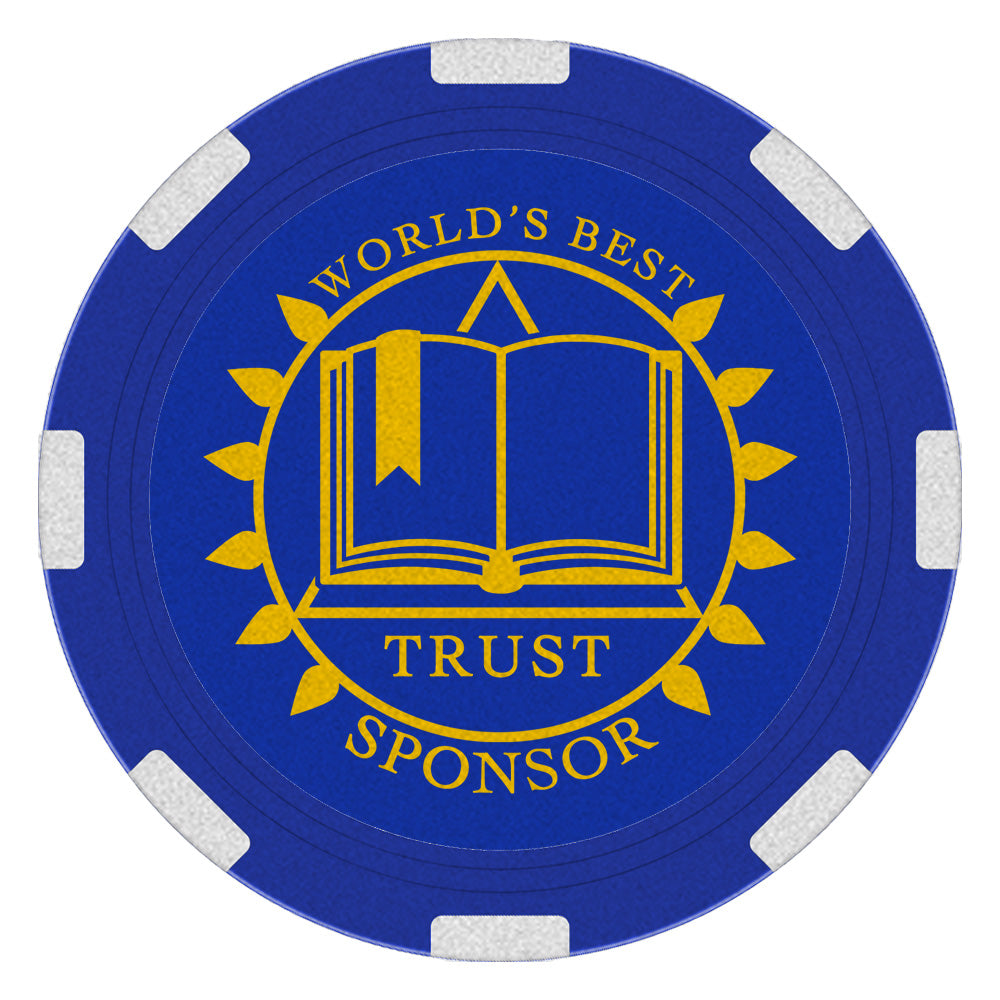 Blue and gold recovery poker chip medallion, 1.5 inches round, featuring a Big Book design, symbolizing gratitude for sponsors and the strength of working the 12 steps together.