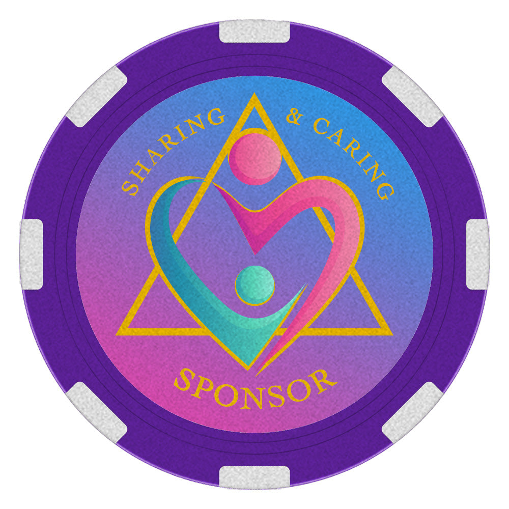 Purple and pink heart-entwined recovery poker chip medallion, 1.5 inches round, symbolizing gratitude for sponsors in sobriety.