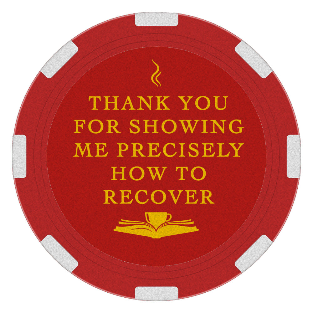 Red and gold recovery poker chip medallion, 1.5 inches round, featuring a Big Book and cup of hot beverage design, symbolizing gratitude for sponsors and the serenity found in recovery.