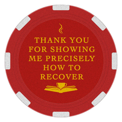 Red and gold recovery poker chip medallion, 1.5 inches round, featuring a Big Book and cup of hot beverage design, symbolizing gratitude for sponsors and the serenity found in recovery.