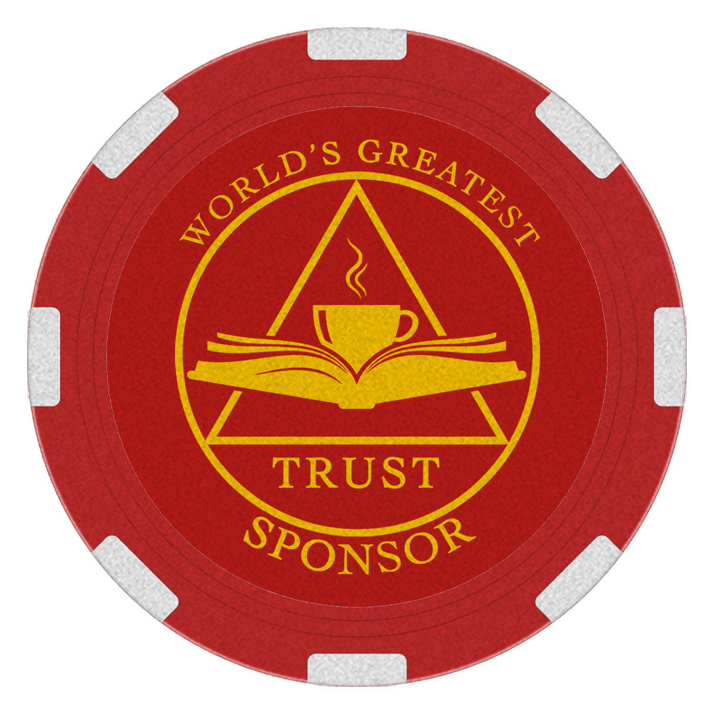 Red and gold recovery poker chip medallion, 1.5 inches round, featuring a Big Book and cup of hot beverage design, symbolizing gratitude for sponsors and the serenity found in recovery.