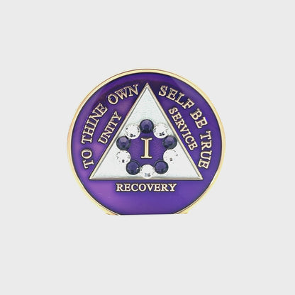 AA Recovery Medallion - 10th Step Purple & Diamond Crystallized on Purple