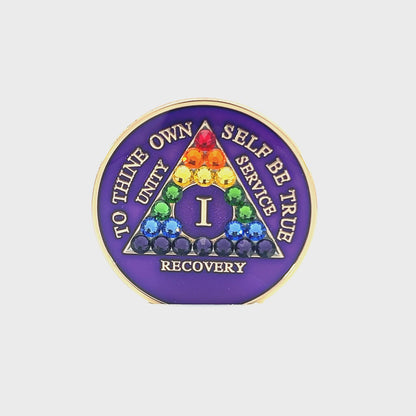 AA Recovery Medallion - Rainbow Crystallized on Purple