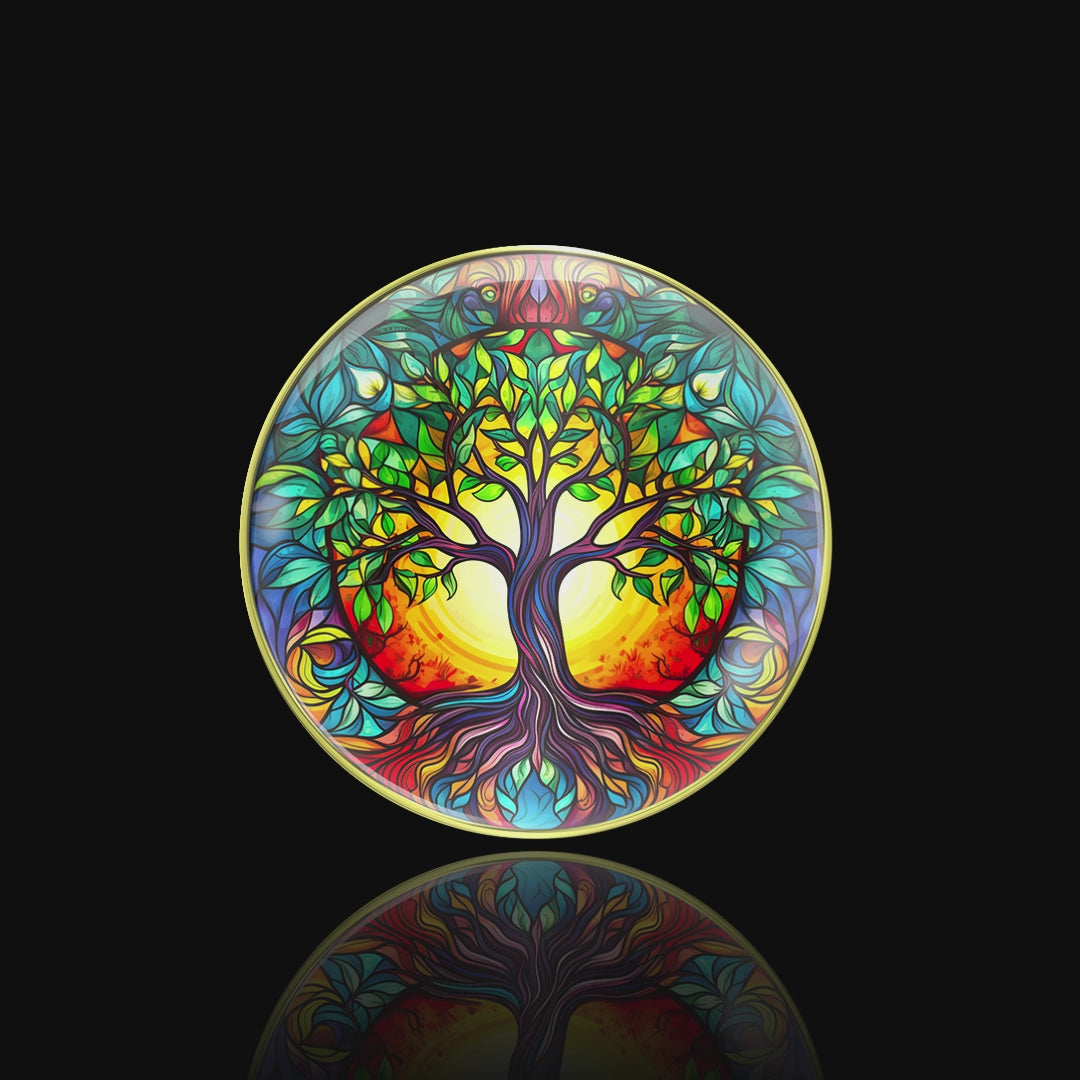 AA medallion tree of life, with a bright and bold tree and a twisted brown trunk with bright yellow as the back ground, back has growing along spiritual lines and years, featured in a video.