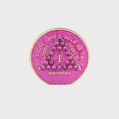 AA Recovery Medallion - Crystallized Glitter Pink Fuchsia Bling