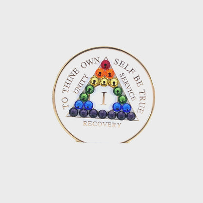 AA Recovery Medallion - Rainbow Bling Crystallized on White