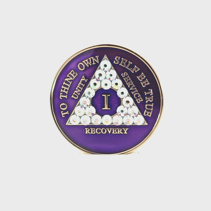 AA Recovery Medallion - Aurora Borealis Bling Crystallized on Purple