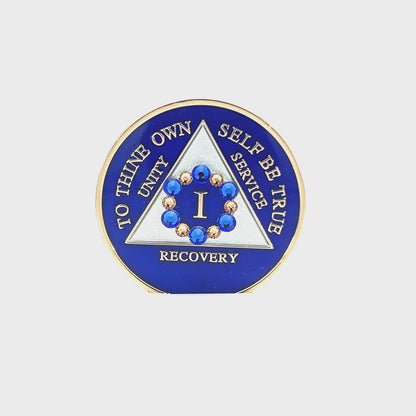 AA Recovery Medallion - Bloom Crystallized Bling on Blue