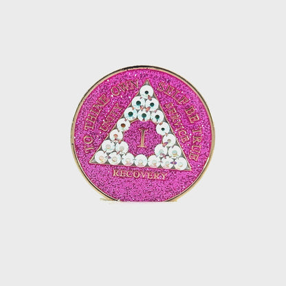AA Recovery Medallion - Aurora Borealis Bling Crystallized on Glitter Pink