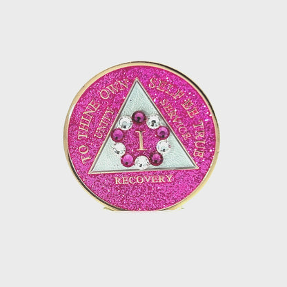 AA Recovery Medallion - 10th Step Pink & Diamond Crystallized on Pink