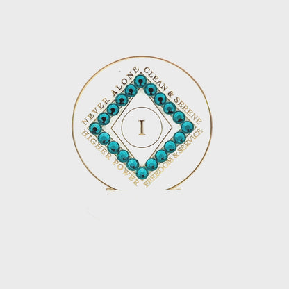 White Clean Time Recovery Medallion with Aqua Zircon Crystals