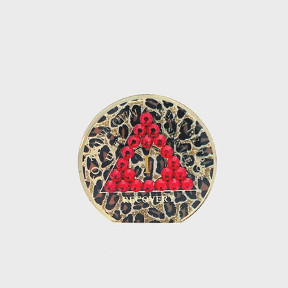 AA Recovery Medallion - Red Bling Crystallized on Glitter Leopard Pattern