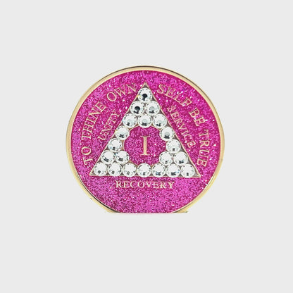 AA Recovery Medallion - Diamond Bling Crystallized on Glitter Pink