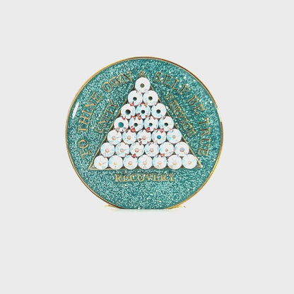 AA Recovery Medallion - Timeless Crystalized Bling on Aqua Glitter