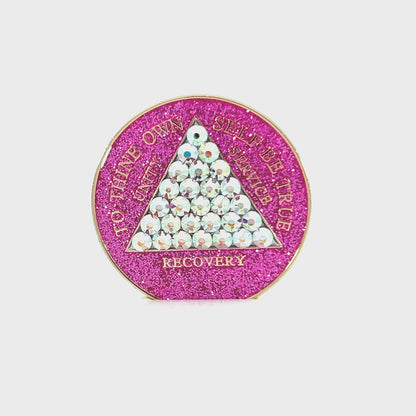 AA Recovery Medallion - Timeless Bling Crystalized on Pink Glitter