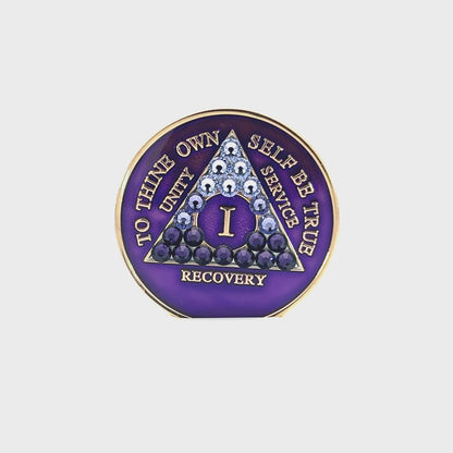 AA Recovery Medallion - Purple Transition Crystalized Bling on Purple Glitter