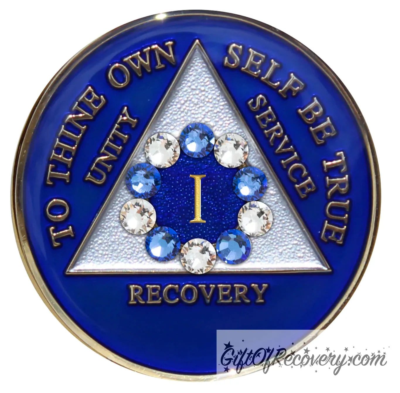 1 Year Big Book Blue AA medallion with 5 blue genuine crystals and 5 clear genuine crystal, making a circle around the 1 year, the recovery medallion has raised lettering to thine own self be true, and the outer rim of the medallion in 14k gold-plated brass, inside the triangle is white and blue, emphasizing action and reflection, sealed with resin.