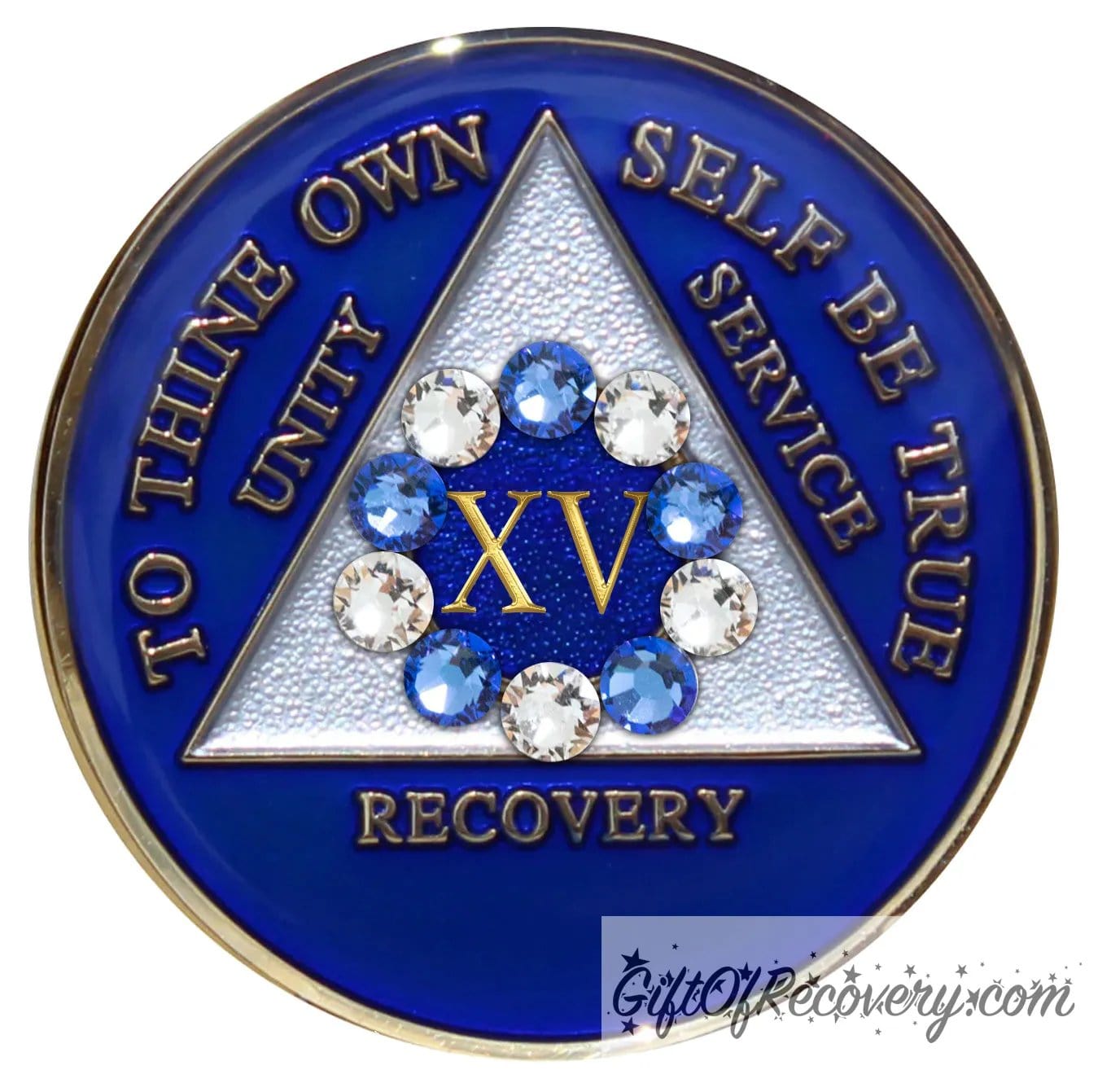 15 Year Big Book Blue AA medallion with 5 blue genuine crystals and 5 clear genuine crystal, making a circle around the 15 year, the recovery medallion has raised lettering to thine own self be true, and the outer rim of the medallion in 14k gold-plated brass, inside the triangle is white and blue, emphasizing action and reflection.