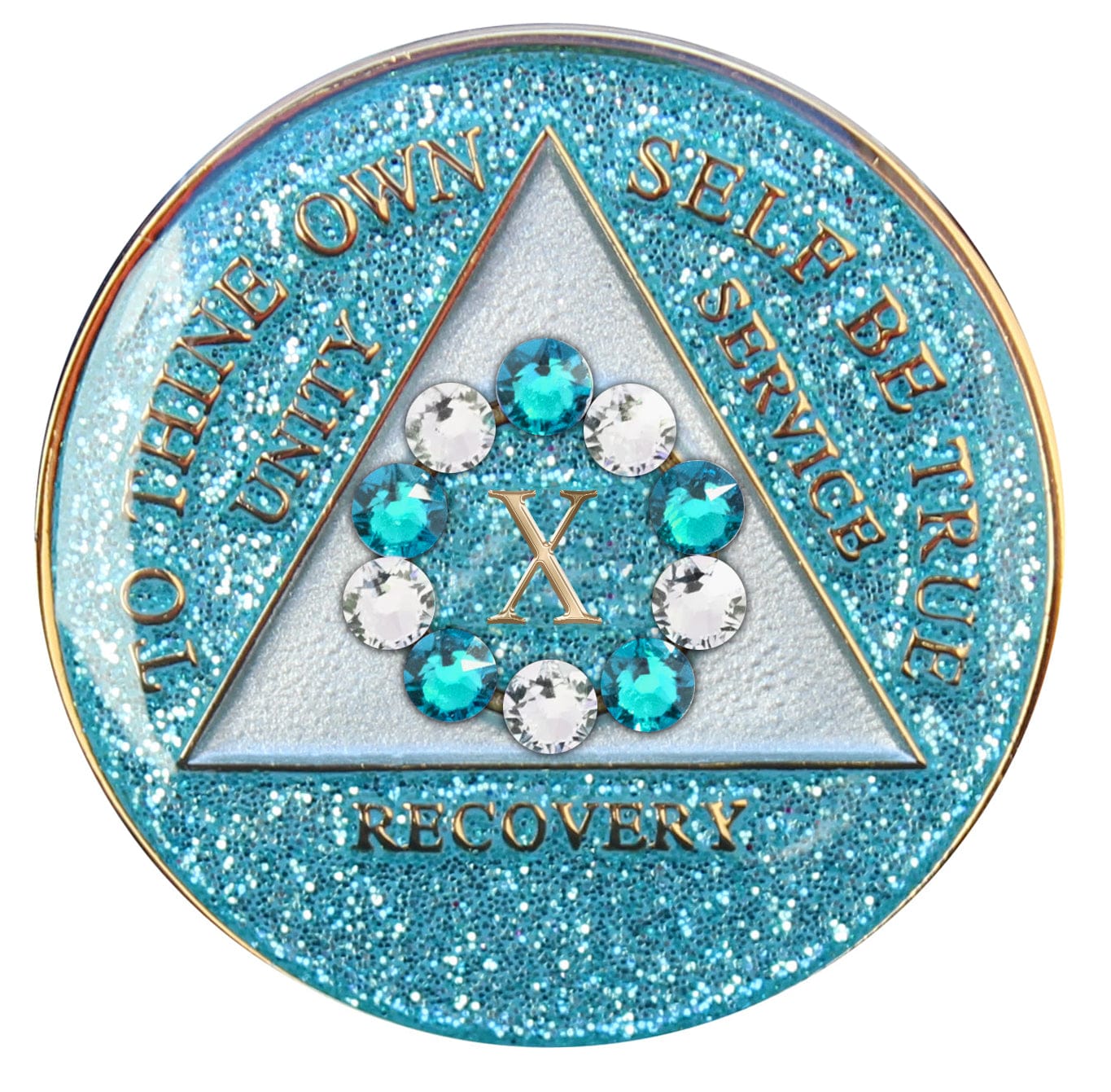 10 Year Deep-sea Aqua glitter 10th step AA medallion with 5 blue genuine crystals and 5 clear genuine crystal, formed in a circle around the year, to thine own self be true, triangle in the center and unity, service, recovery, along with rim of medallion are slightly raised in 14k gold, the center of the triangle is a soft silver tone with the circle being aqua glitter, all emphasizing action and reflection.