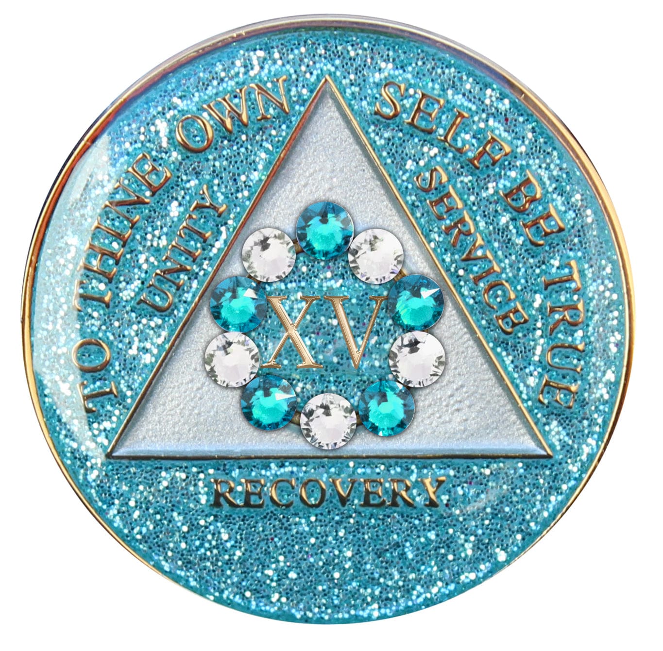 15 Year Deep-sea Aqua glitter 10th step AA medallion with 5 blue genuine crystals and 5 clear genuine crystal, formed in a circle around the year, to thine own self be true, triangle in the center and unity, service, recovery, along with rim of medallion are slightly raised in 14k gold, the center of the triangle is a soft silver tone with the circle being aqua glitter, all emphasizing action and reflection.