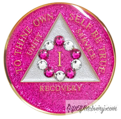 1 Year princess pink glitter 10th step AA medallion with 5 pink genuine crystals and 5 clear genuine crystal, formed in a circle around the year, to thine own self be true, triangle in the center and unity, service, recovery, along with rim of medallion are slightly raised in 14k gold, the center of the triangle is pearl white with the circle being pink glitter, all emphasizing action and reflection, for your favorite sober princess.