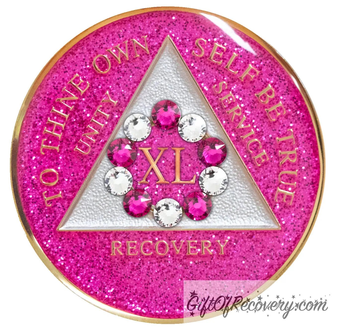 40 Year princess pink glitter 10th step AA medallion with 5 pink genuine crystals and 5 clear genuine crystal, formed in a circle around the year, to thine own self be true, triangle in the center and unity, service, recovery, along with rim of medallion are slightly raised in 14k gold, the center of the triangle is pearl white with the circle being pink glitter, all emphasizing action and reflection, for your favorite sober princess.