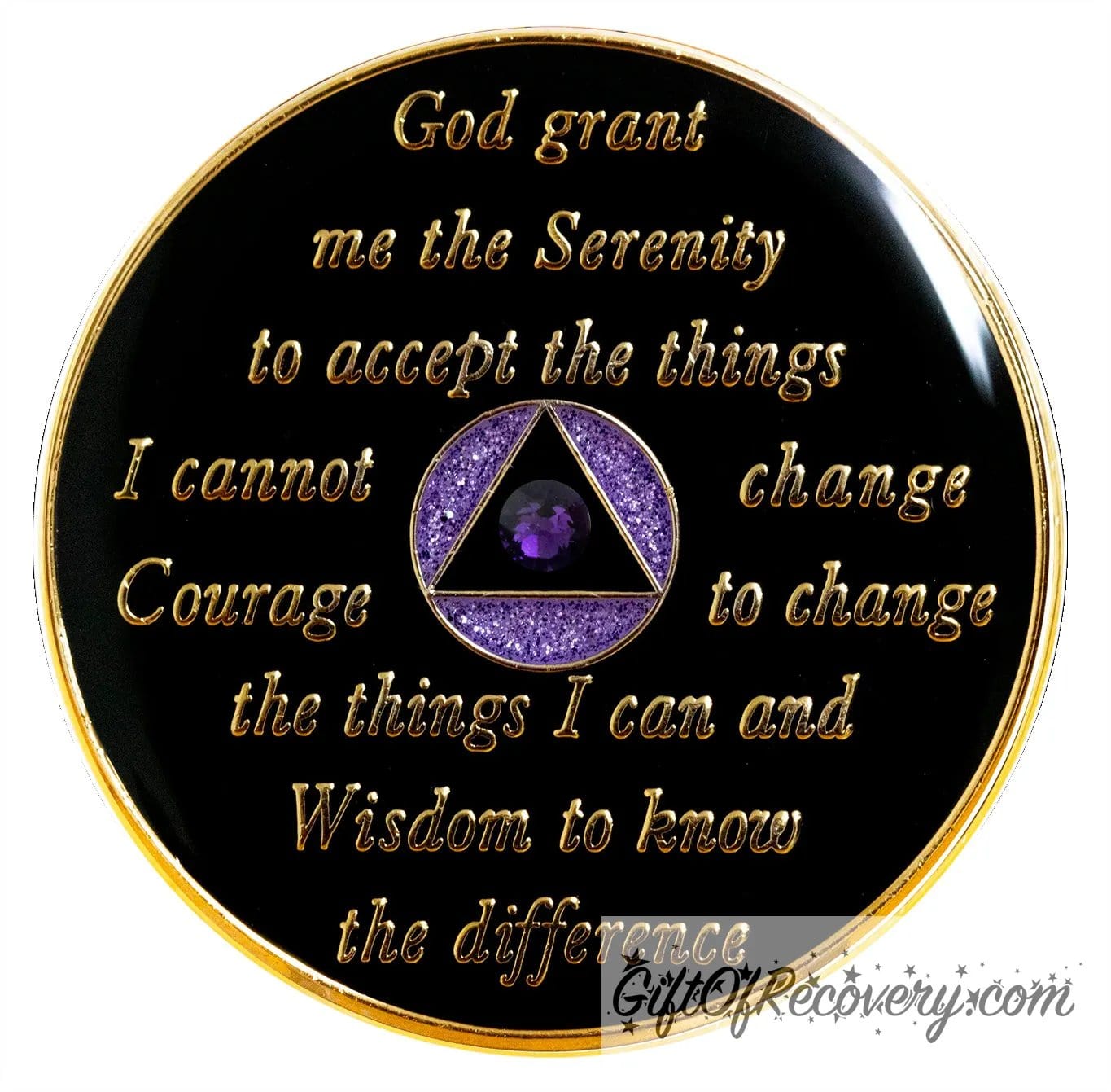 Back of purple glitter Amethyst 10th step crystalized AA recovery medallion is black onyx and has the serenity prayer, outer rim, and the circle triangle in the center 14k gold-plated brass, the circle is glitter purple and triangle is black with one single purple CZ genuine crystal in the center of the triangle, the recovery medallion is sealed with resin for a shiny finish. 