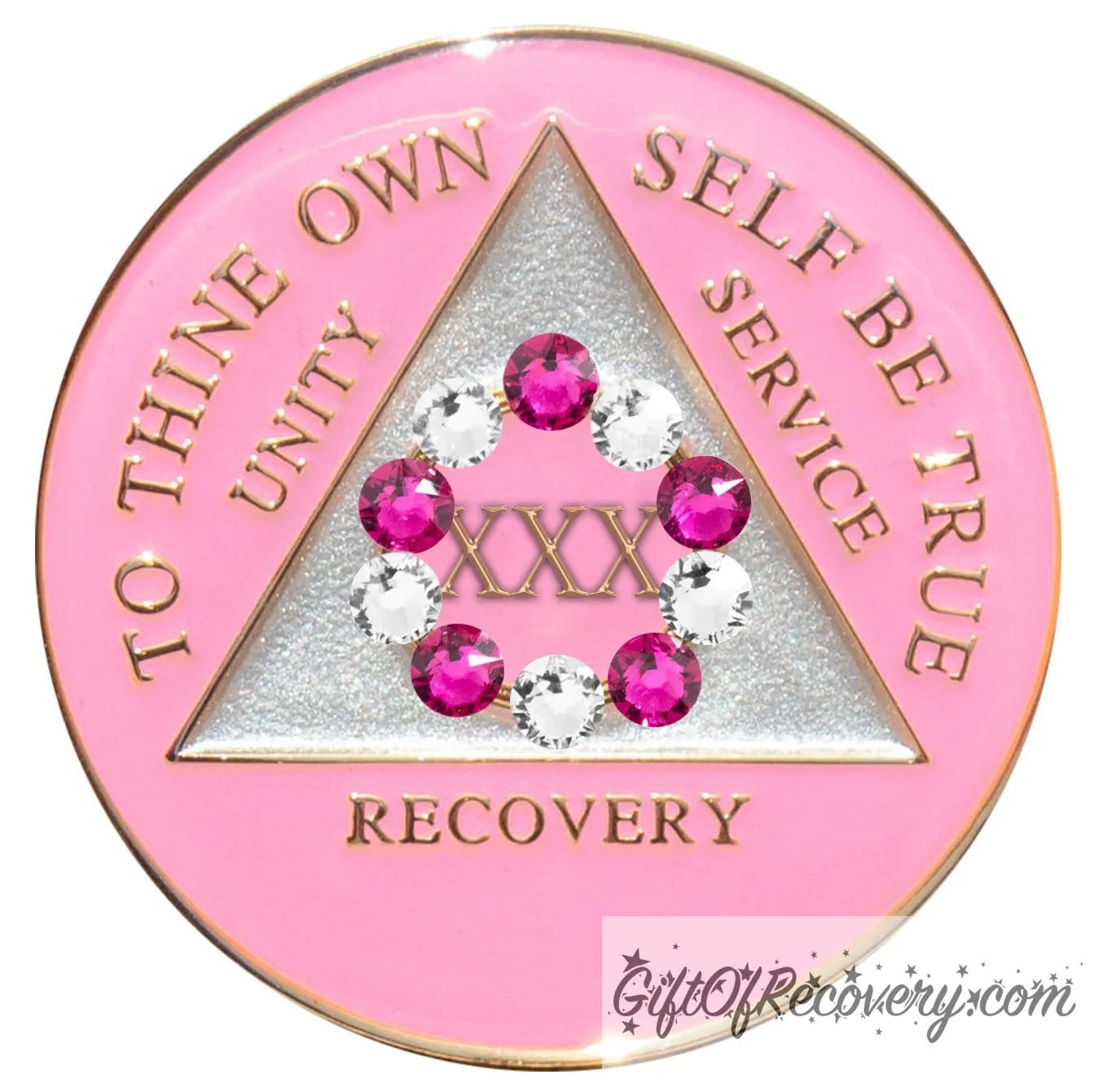 30 year princess pink AA medallion with a pearl white triangle center and pink circle, surrounding the roman numeral 30 are 10 genuine crystals, 5 dark pink and 5 clear, perfect for your favorite sober princess, to thine own self be true, unity, service, recovery, the rim of the medallion, the raised triangle outline, and the roman numeral year, are in 14k gold, sealed with resin for a glossy finish.