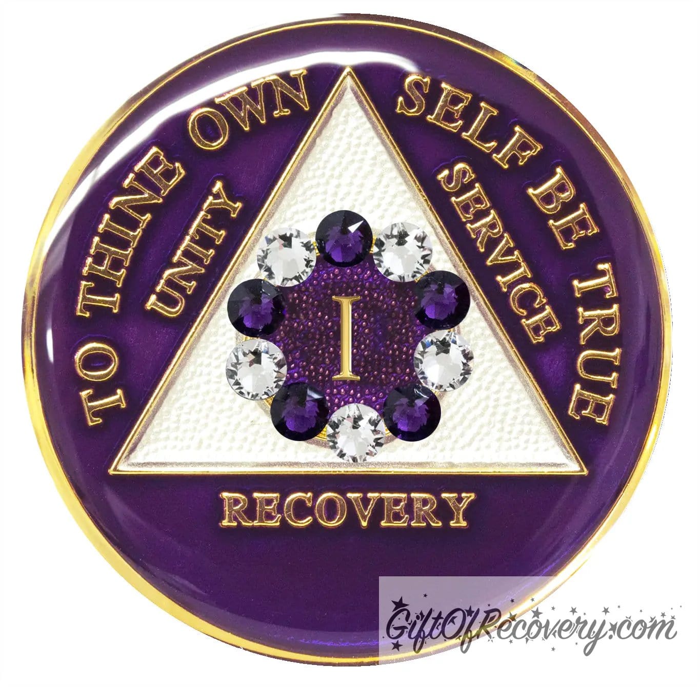 1 year AA medallion Purple Amethyst with 5 clear CZ genuine crystals and 5 purple in a circle around the roman numeral to represent the 10th step of the program, to thine own self be true and AA moto are embossed with 14k gold-plated brass, the triangle is pearl white and the recovery medallion is sealed with resin for a shiny finish that will last and is scratch proof. 