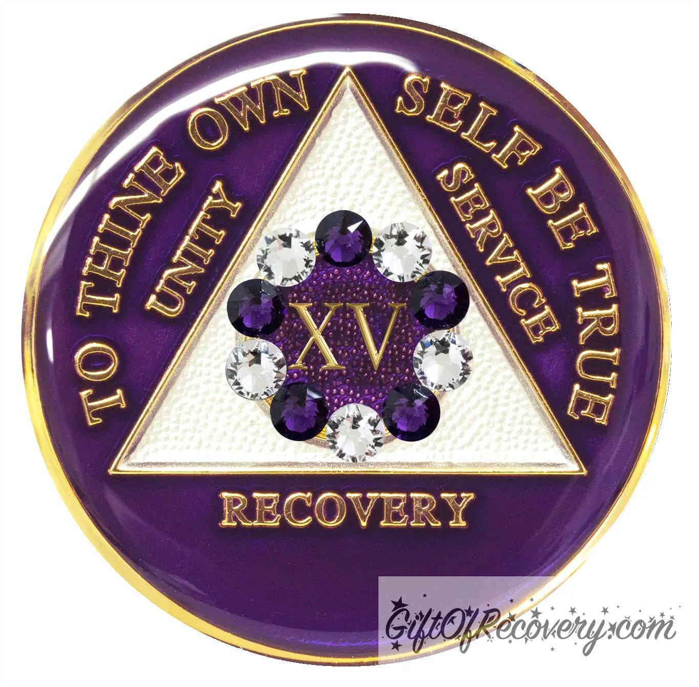 15 year AA medallion Purple Amethyst with 5 clear CZ genuine crystals and 5 purple in a circle around the roman numeral to represent the 10th step of the program, to thine own self be true and AA moto are embossed with 14k gold-plated brass, the triangle is pearl white and the recovery medallion is sealed with resin for a shiny finish that will last and is scratch proof.