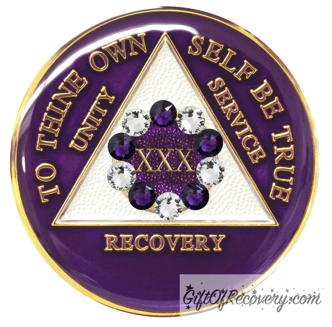 30 year AA medallion Purple Amethyst with 5 clear CZ genuine crystals and 5 purple in a circle around the roman numeral to represent the 10th step of the program, to thine own self be true and AA moto are embossed with 14k gold-plated brass, the triangle is pearl white and the recovery medallion is sealed with resin for a shiny finish that will last and is scratch proof.