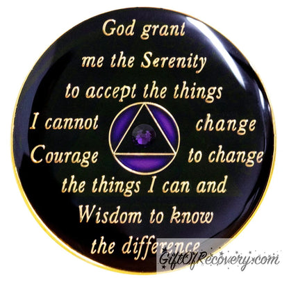 Back of purple amethyst 10th step crystalized AA recovery medallion is black onyx and has the serenity prayer, outer rim, and the circle triangle in the center 14k gold-plated brass, the circle is amethyst purple and triangle is black with one single purple CZ genuine crystal in the center of the triangle, the recovery medallion is sealed with resin for a shiny finish. 