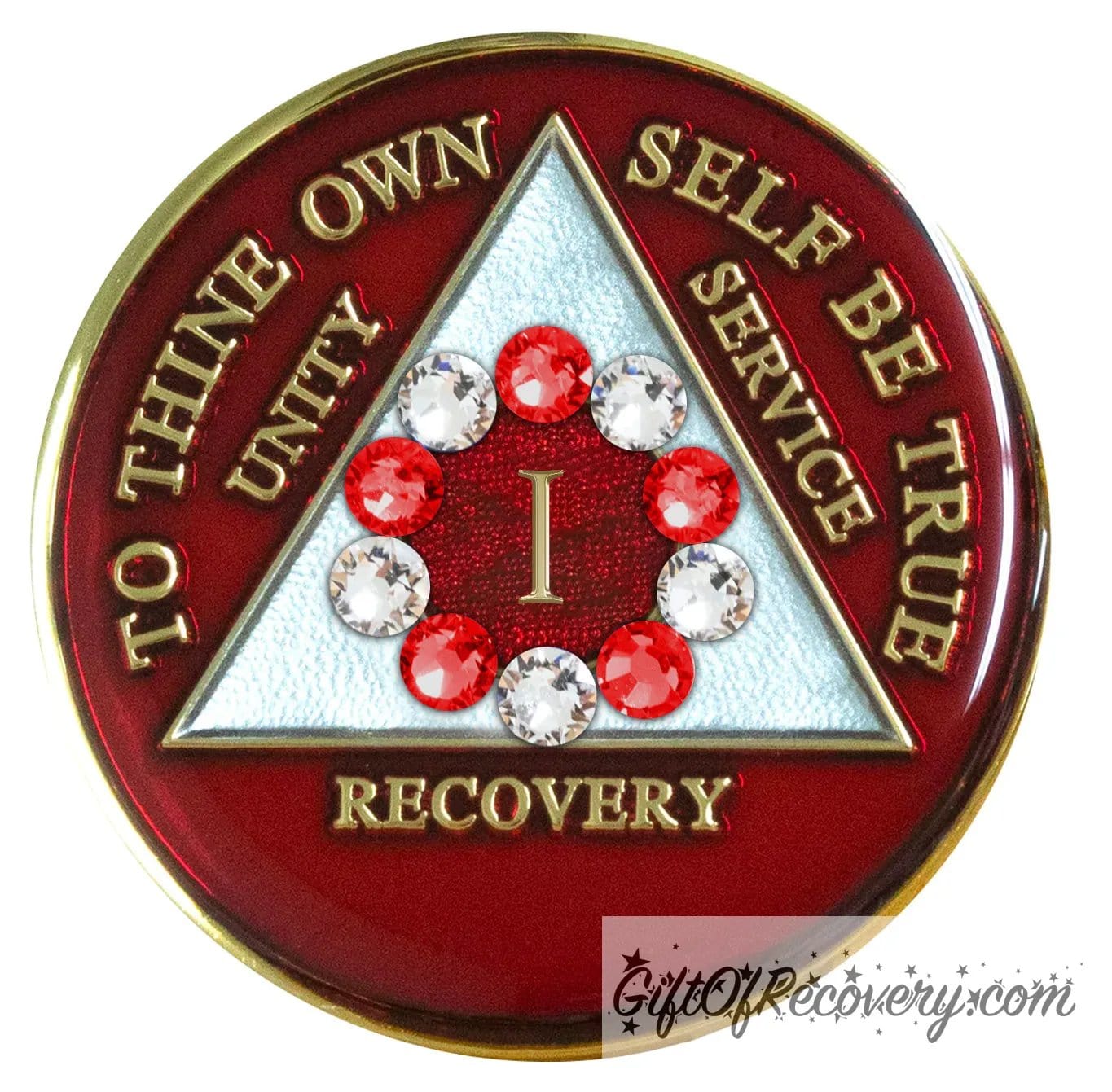 1 Year AA medallion ruby red with 6 ruby red genuine crystals and 6 diamond CZ around the roman numeral symbolizing the 10step in recovery, emphasizing action and reflection, the triangle is pearl white with to thine own self be true, unity, service, recovery embossed with 14k gold-plated brass, sealed with resin for a lasting finish.