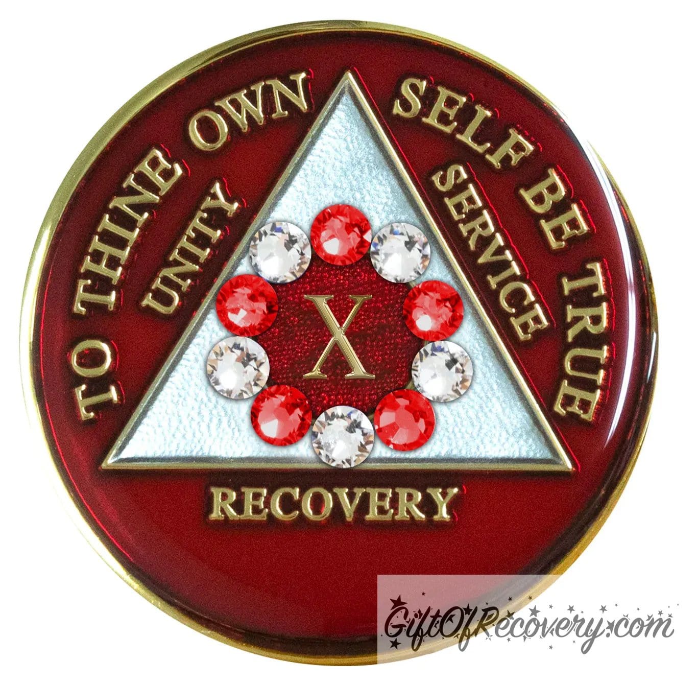 10 Year AA medallion ruby red with 6 ruby red genuine crystals and 6 diamond CZ around the roman numeral symbolizing the 10step in recovery, emphasizing action and reflection, the triangle is pearl white with to thine own self be true, unity, service, recovery embossed with 14k gold-plated brass, sealed with resin for a lasting finish.