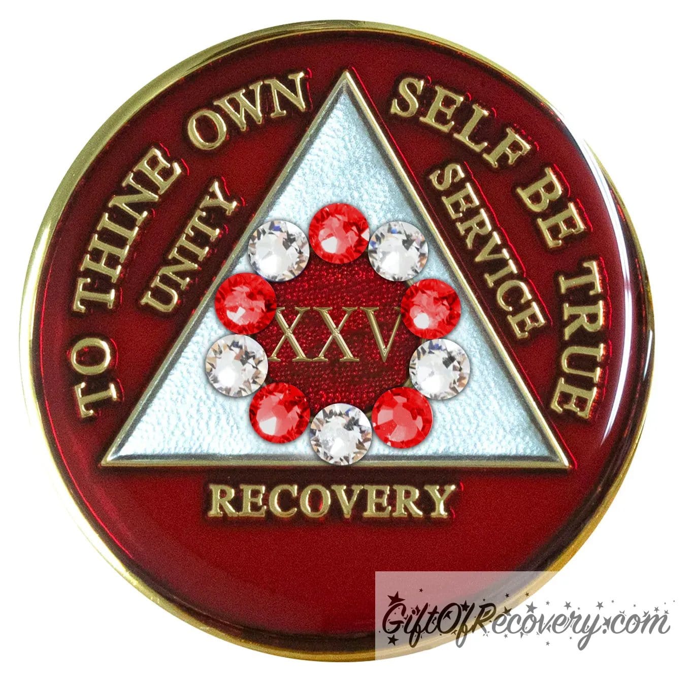 25 Year AA medallion ruby red with 6 ruby red genuine crystals and 6 diamond CZ around the roman numeral symbolizing the 10step in recovery, emphasizing action and reflection, the triangle is pearl white with to thine own self be true, unity, service, recovery embossed with 14k gold-plated brass, sealed with resin for a lasting finish.