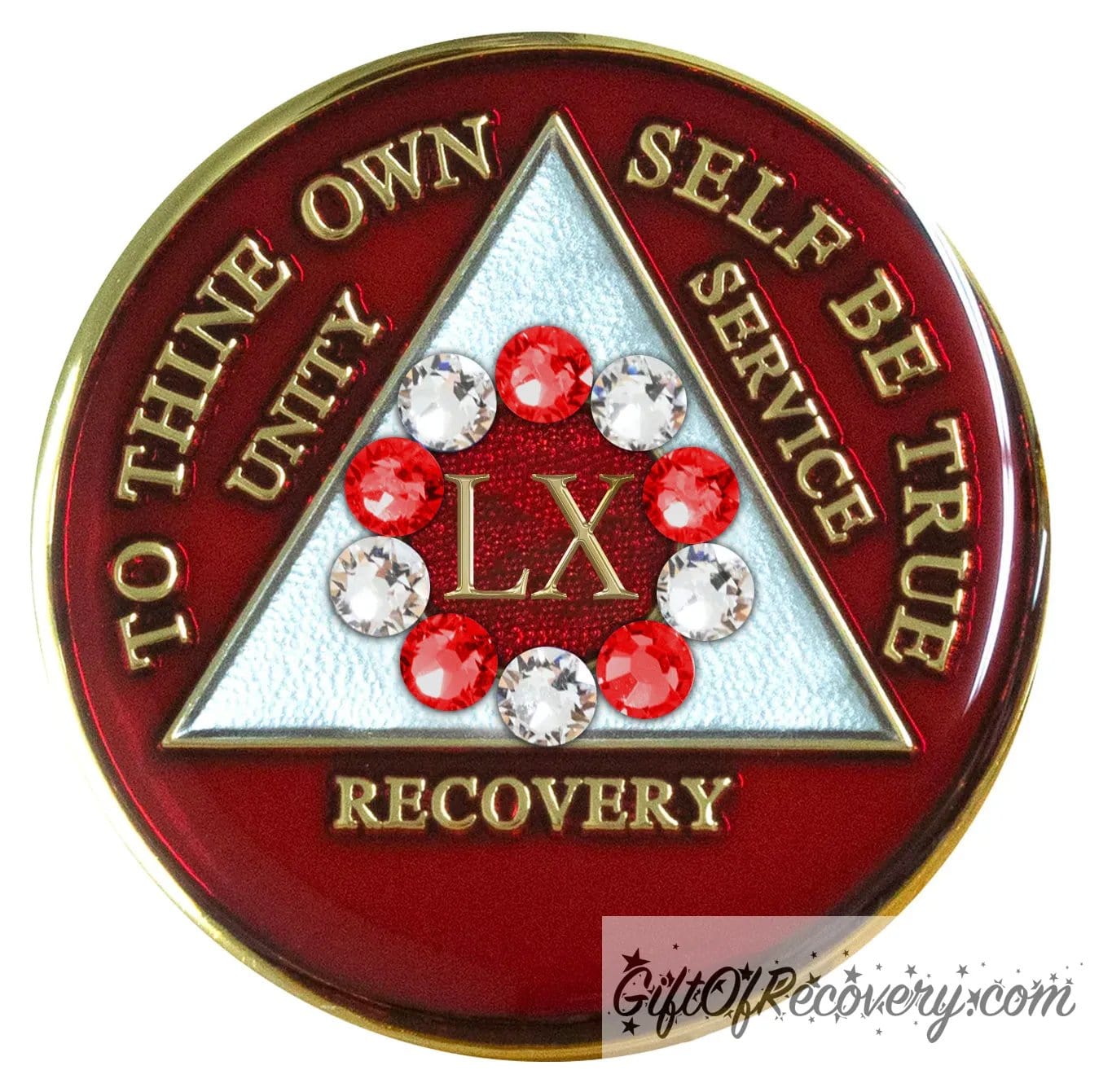 60 Year AA medallion ruby red with 6 ruby red genuine crystals and 6 diamond CZ around the roman numeral symbolizing the 10step in recovery, emphasizing action and reflection, the triangle is pearl white with to thine own self be true, unity, service, recovery embossed with 14k gold-plated brass, sealed with resin for a lasting finish.