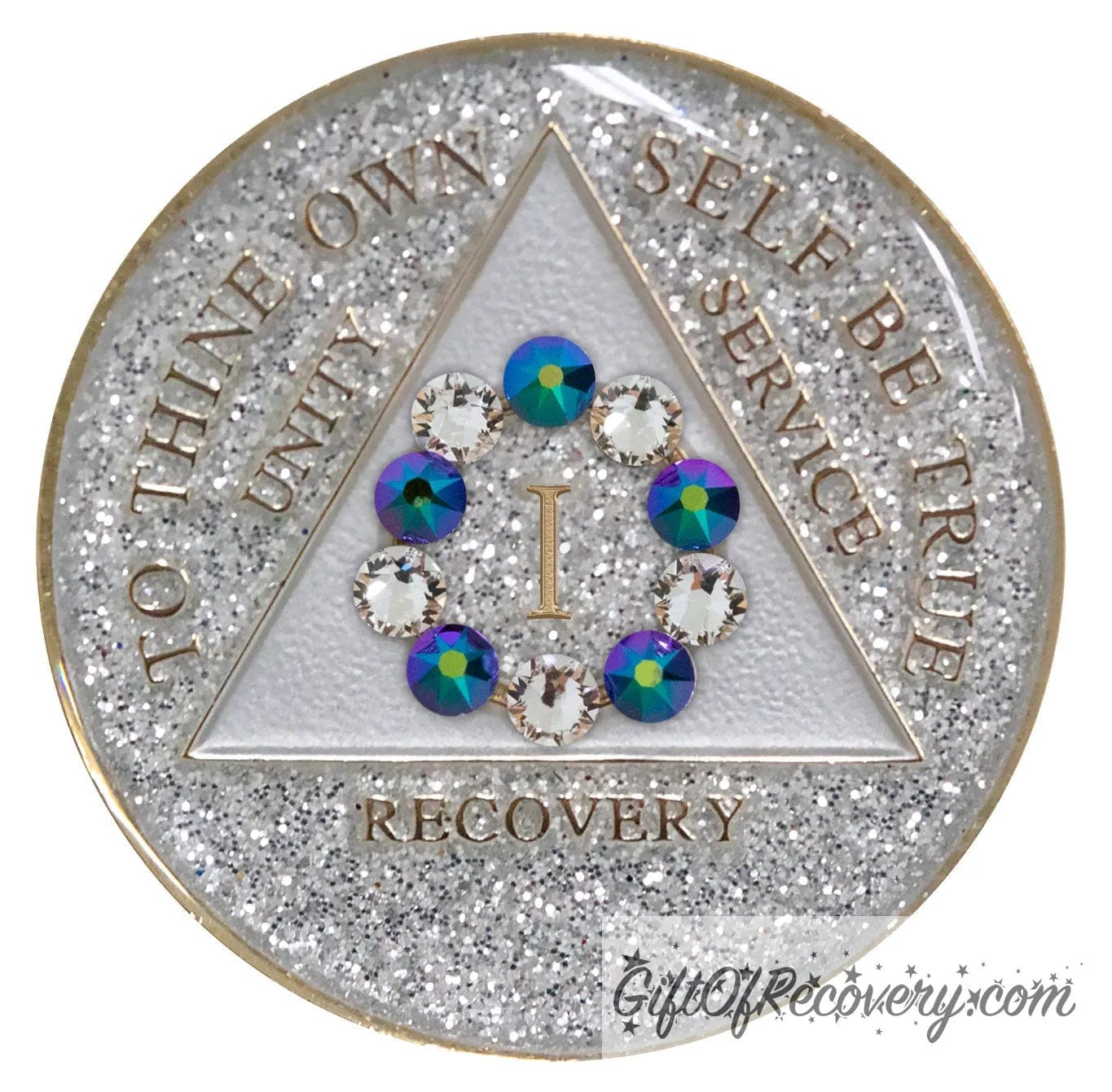 1 year silver glitter AA medallion, featuring 10 genuine crystals formed in a circle around the year, 5 clear and 5 scarabaeus-green, hand painted with unity, service, recovery, to thine own self be true, year, and outer edge embossed with 14k gold plated, sealed in high gloss resin for shine and durability.