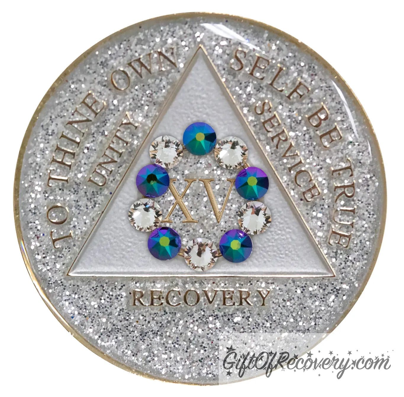 15 year silver glitter AA medallion, featuring 10 genuine crystals formed in a circle around the year, 5 clear and 5 scarabaeus-green, hand painted with unity, service, recovery, to thine own self be true, year, and outer edge embossed with 14k gold plated, sealed in high gloss resin for shine and durability.