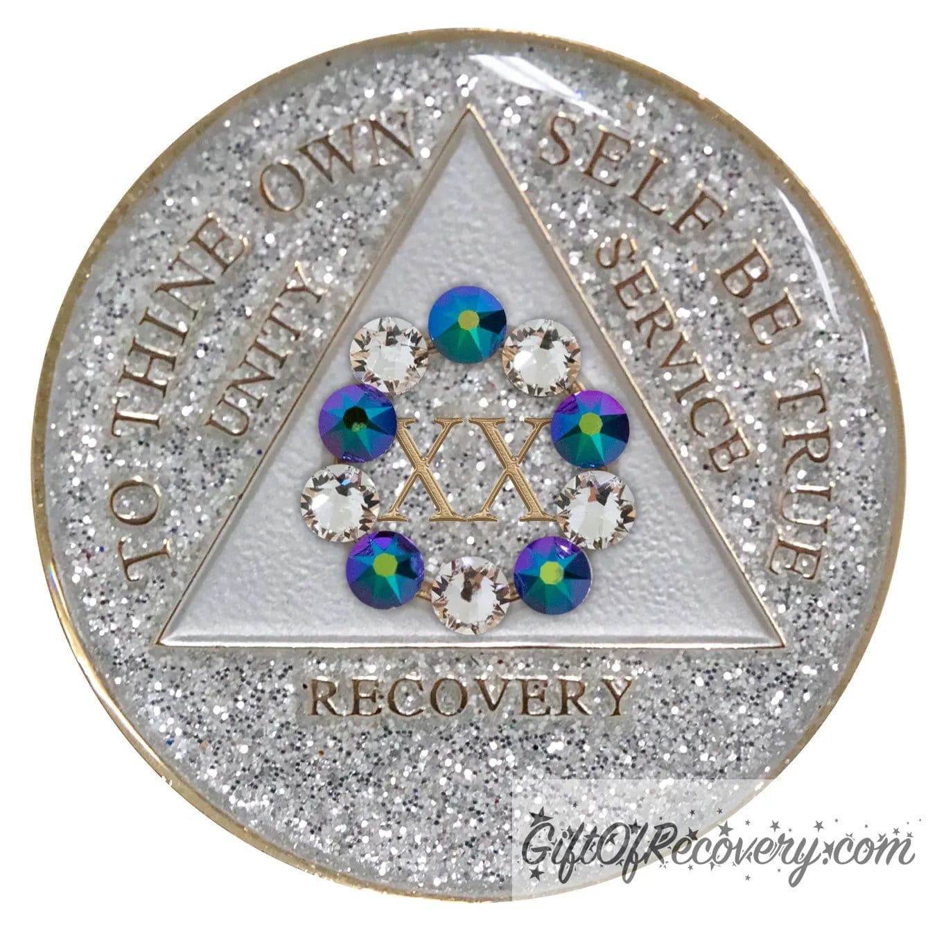 20 year silver glitter AA medallion, featuring 10 genuine crystals formed in a circle around the year, 5 clear and 5 scarabaeus-green, hand painted with unity, service, recovery, to thine own self be true, year, and outer edge embossed with 14k gold plated, sealed in high gloss resin for shine and durability.